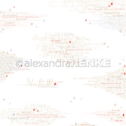 Ein nahtloses Muster von Alexandra Renke mit deutschen Worten und handgeschriebenem Text in Beige und Rot auf Weiß - eine gute Wahl für Buchbinderei oder Papierprojekte.