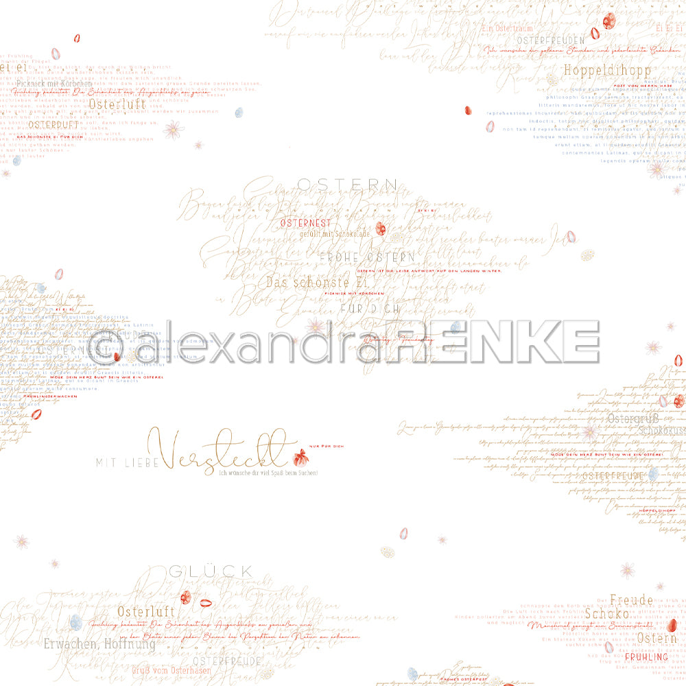 Ein nahtloses Muster von Alexandra Renke mit deutschen Worten und handgeschriebenem Text in Beige und Rot auf Weiß - eine gute Wahl für Buchbinderei oder Papierprojekte.