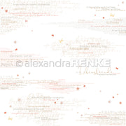 Leichter, handgeschriebener deutscher Text mit kleinen roten Schmetterlingen und Blumen auf weißem Untergrund - perfektes Alexandra Renke Designpapier für Buchbinderei oder kreative Papierprojekte.