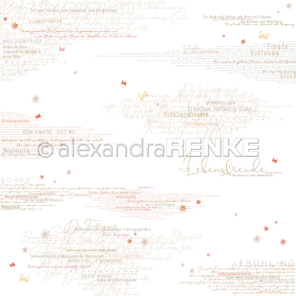 Leichter, handgeschriebener deutscher Text mit kleinen roten Schmetterlingen und Blumen auf weißem Untergrund - perfektes Alexandra Renke Designpapier für Buchbinderei oder kreative Papierprojekte.
