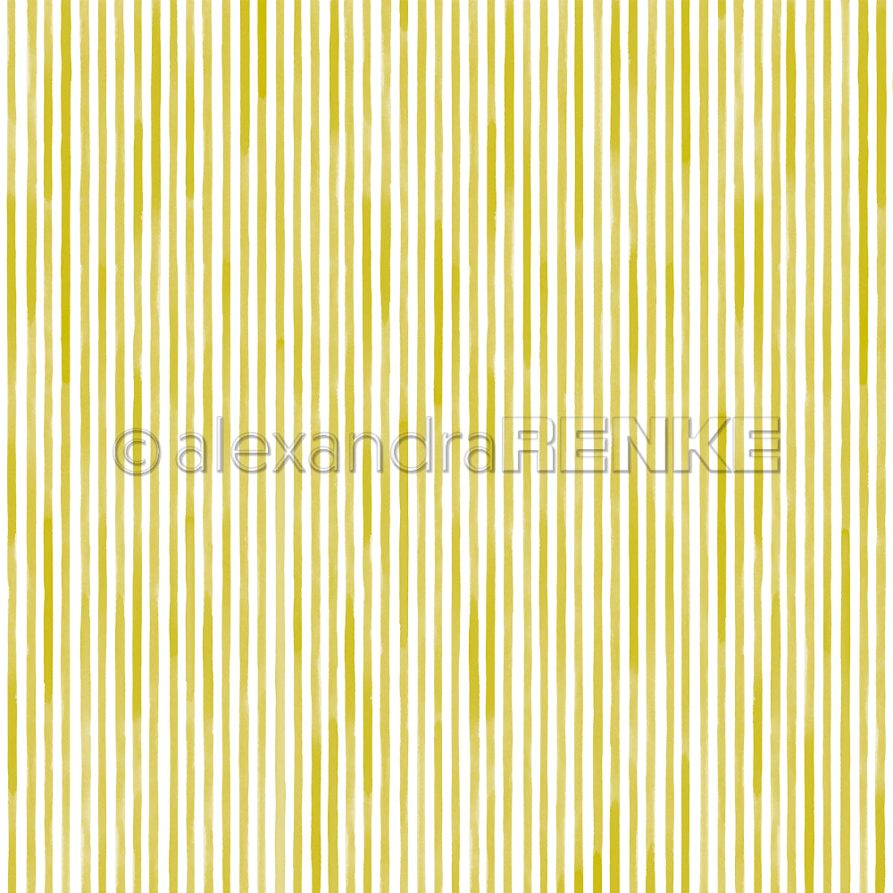 Gelbe vertikale Aquarellstreifen in Chartreuse schmücken dieses Alexandra Renke Designpapier Streifen, ideal für Papierprojekte oder zum Auffrischen Ihrer Buchbinderei-Kreationen. Die Streifen sind in gleichmäßigen Abständen auf einem klaren weißen Hintergrund angeordnet.