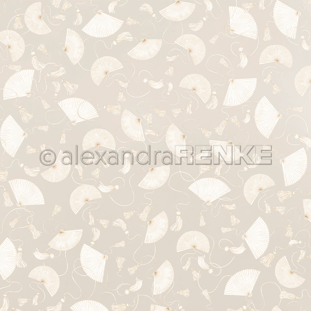 Beige und weiße Handfächer und Quastenmuster auf hellem Hintergrund von Alexandra Renke, ideal für Buchbinderei oder einzigartiges Designpapier in Ihren Papierprojekten.