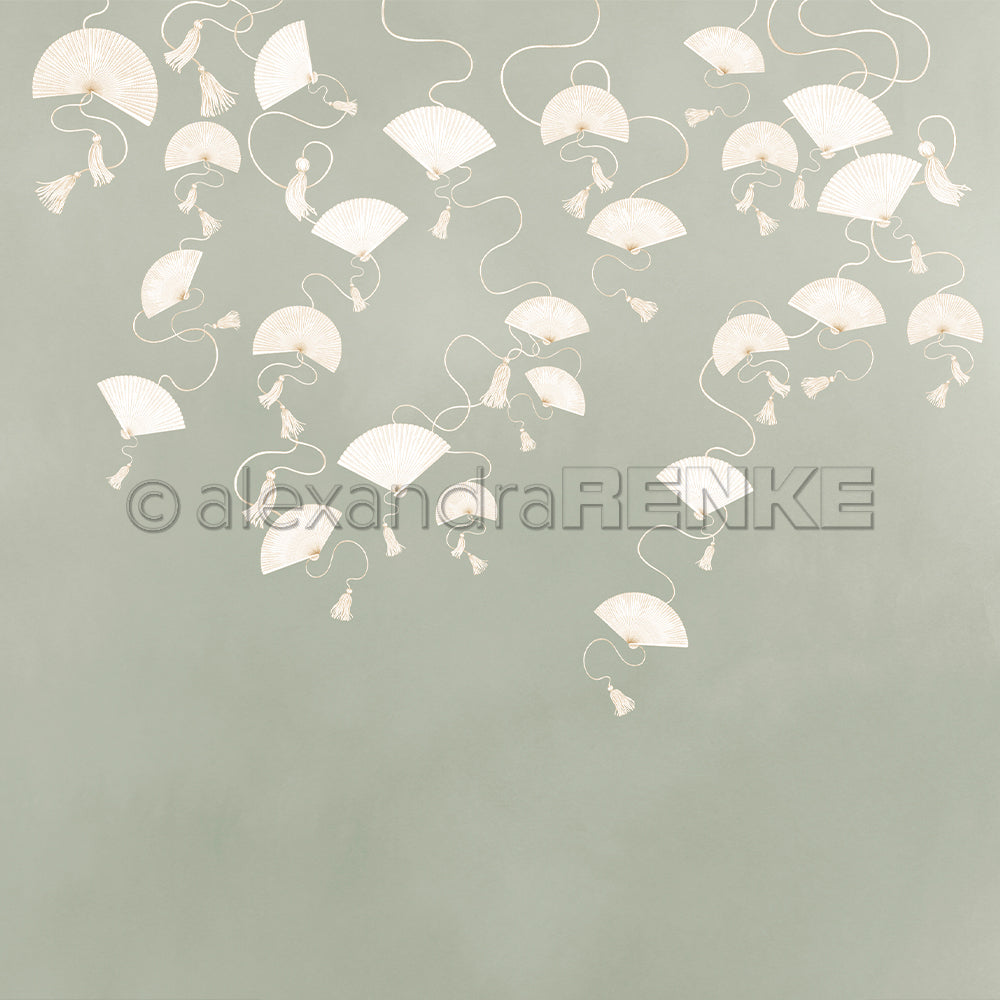 Hellbraune Handfächer mit Quasten auf gedecktem grünen Hintergrund - perfektes Alexandra Renke Designpapier für kreative Papierprojekte oder elegante Grußkarten.