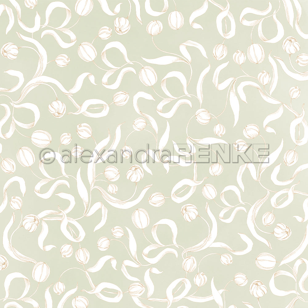 Hellgrünes Designpapier von Alexandra Renke mit weißen wirbelnden Linien und runden floralen Formen, ideal für Papierprojekte oder um einen Tulpen-Touch zu setzen. Enthält das Wasserzeichen @alexandraRENKE.