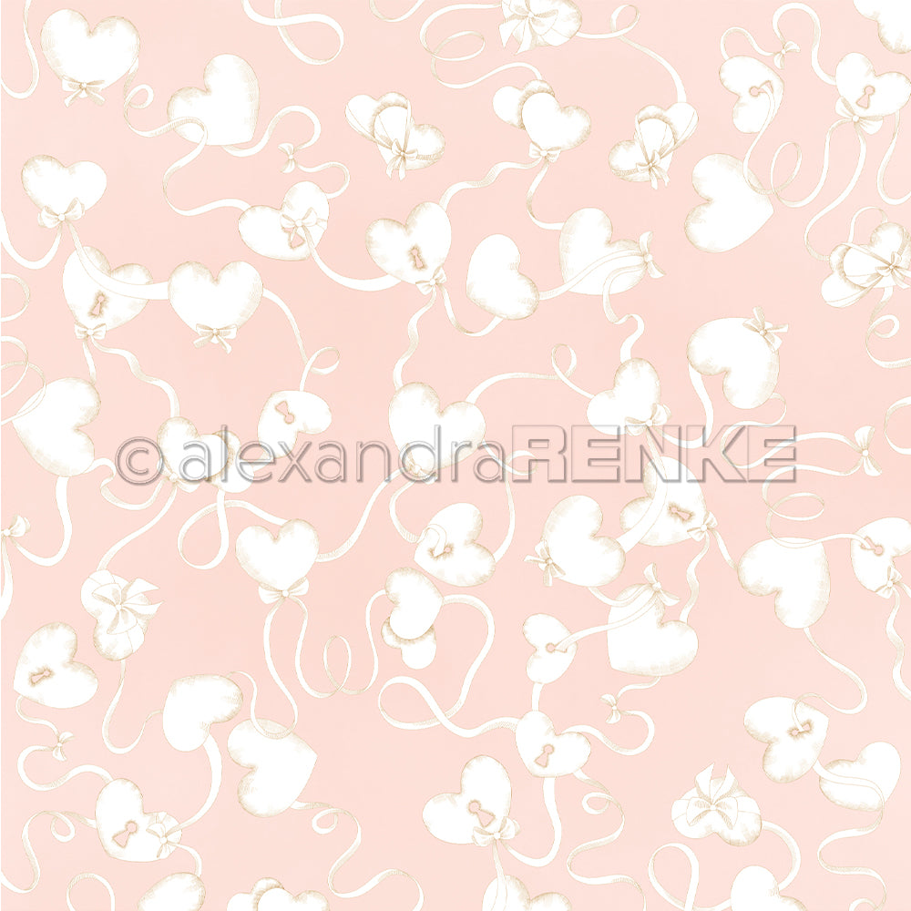 Weiße herzförmige Ballons mit Schnüren auf zartrosa Hintergrund bilden ein skurriles, sich wiederholendes Muster - ideal für Papierprojekte oder als charmantes Designpapier Herzen von Alexandra Renke.