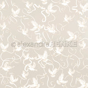 Weiße Kraniche mit wirbelnden Bändern auf hellem Beige in einem nahtlosen Muster von Alexandra Renke - ideal für Papierprojekte oder als elegantes Designpapier in Buchbinderei-Kreationen.