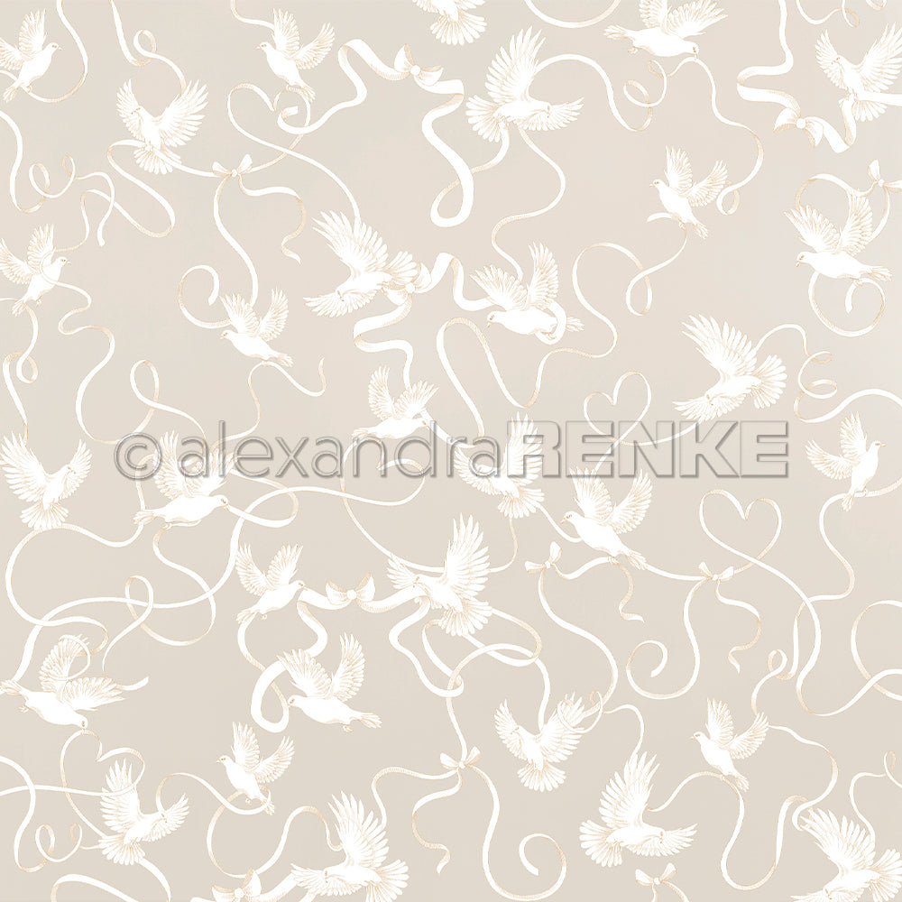 Weiße Kraniche mit wirbelnden Bändern auf hellem Beige in einem nahtlosen Muster von Alexandra Renke - ideal für Papierprojekte oder als elegantes Designpapier in Buchbinderei-Kreationen.