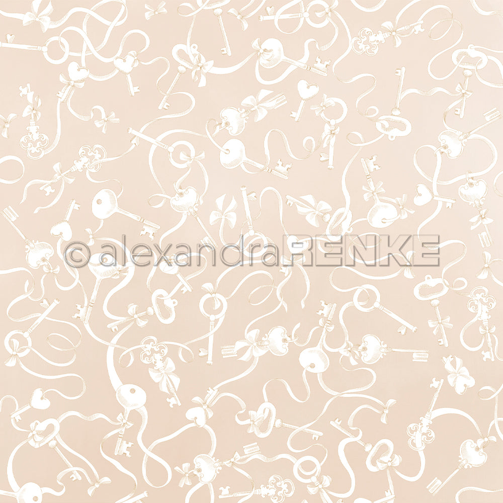 Cremefarbener Hintergrund, verziert mit weißen Schlüsseln, Schlössern und Bändern - dieses Designpapier von Alexandra Renke ist ideal für Papierprojekte oder kreative Buchbinderei.
