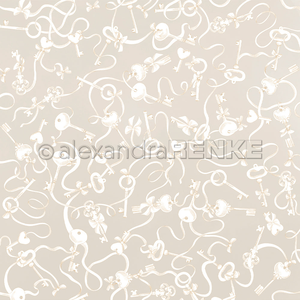 Das beigefarbene Designpapier von Alexandra Renke ist mit weißen Schlüsseln, herzförmigen Schlössern, Schleifen und Bändern versehen - ideal für kreative Papierprojekte oder zum Buchbinden.