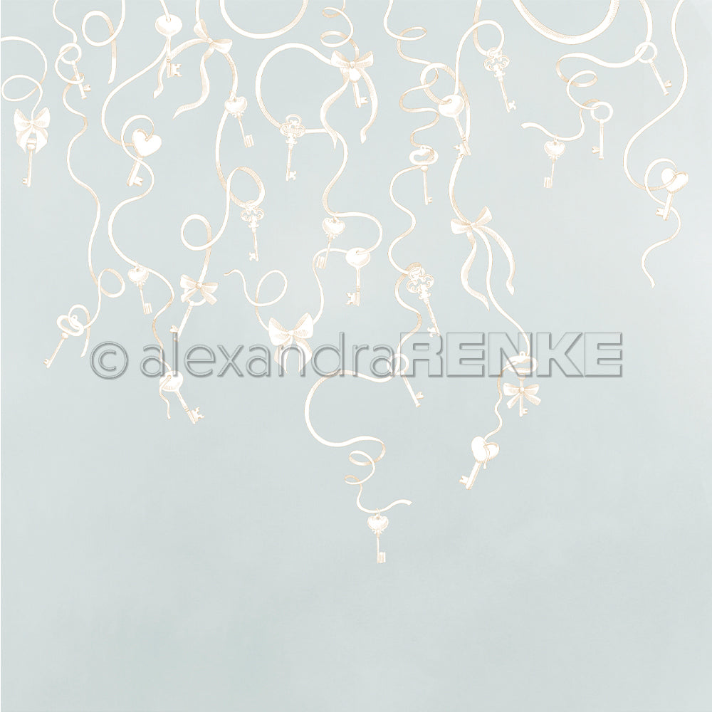 Weiße, mit Bändern gebundene Schlüssel hängen auf einem hellblauen Hintergrund in einem skurrilen, zarten Muster - perfekt für einzigartige Grußkarten, Papierprojekte oder Designpapier von Alexandra Renke.