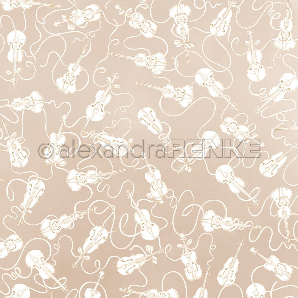 Beigefarbenes Muster mit weiß umrandeten Geigen und Kräuseln - ideal für Papierprojekte mit dem Designpapier Elegant-Beige von Alexandra Renke oder dem Designpapier Geigen.
