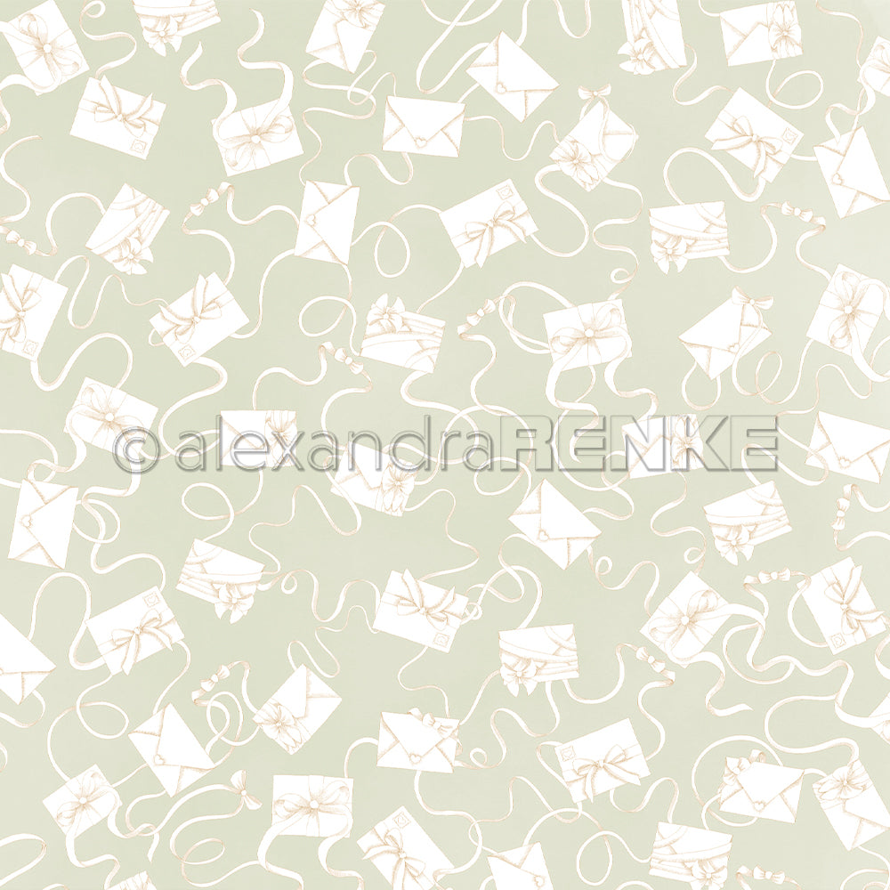 Verstreute weiße Briefumschläge und Pakete mit Schleifen auf hellgrünem Hintergrund - ideales Designpapier von Alexandra Renke für Papierprojekte oder Briefe auf Elegant-Grün.