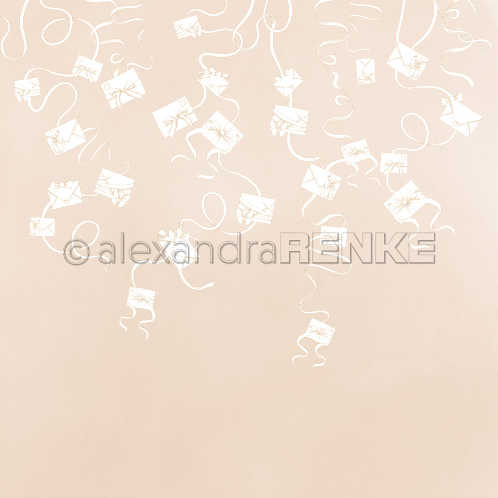 Weiß umrandete Briefumschläge und Geschenkboxen mit Schleifenband schweben auf einem sanften beigen Hintergrund. Die perfekte Inspiration für Alexandra Renke Papierprojekte oder elegante Buchbinderei-Kreationen.