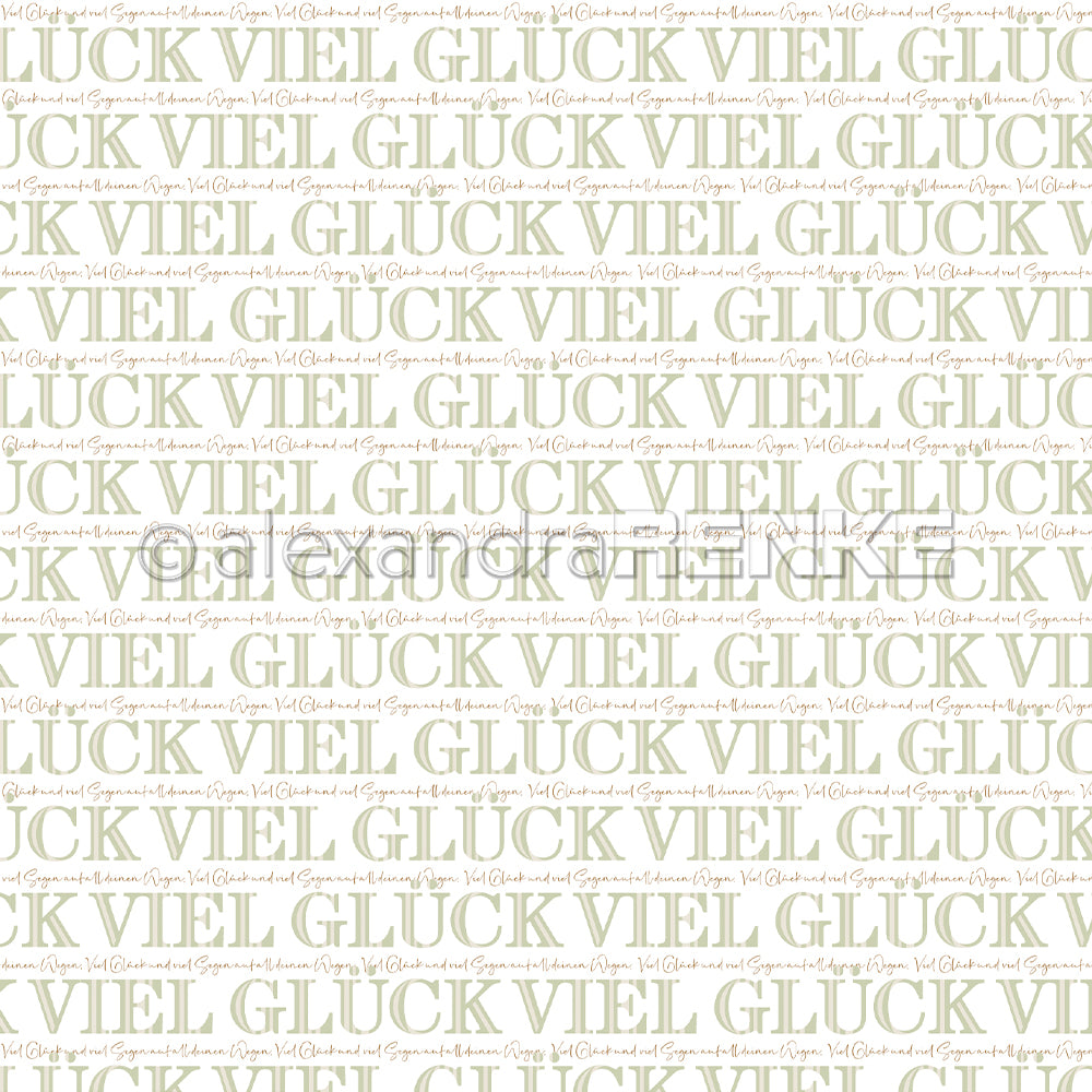 Muster mit dem sich wiederholenden Schriftzug "VIEL GLÜCK Elegant-Grün" in Beige auf weißem Designpapier von Alexandra Renke für Ihre Papierprojekte.