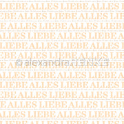 Gemustertes Designpapier von Alexandra Renke mit wiederholtem beigem "ALLES LIEBE" und dezenter Schreibschrift - ideal für Papierprojekte oder Grußkarten.