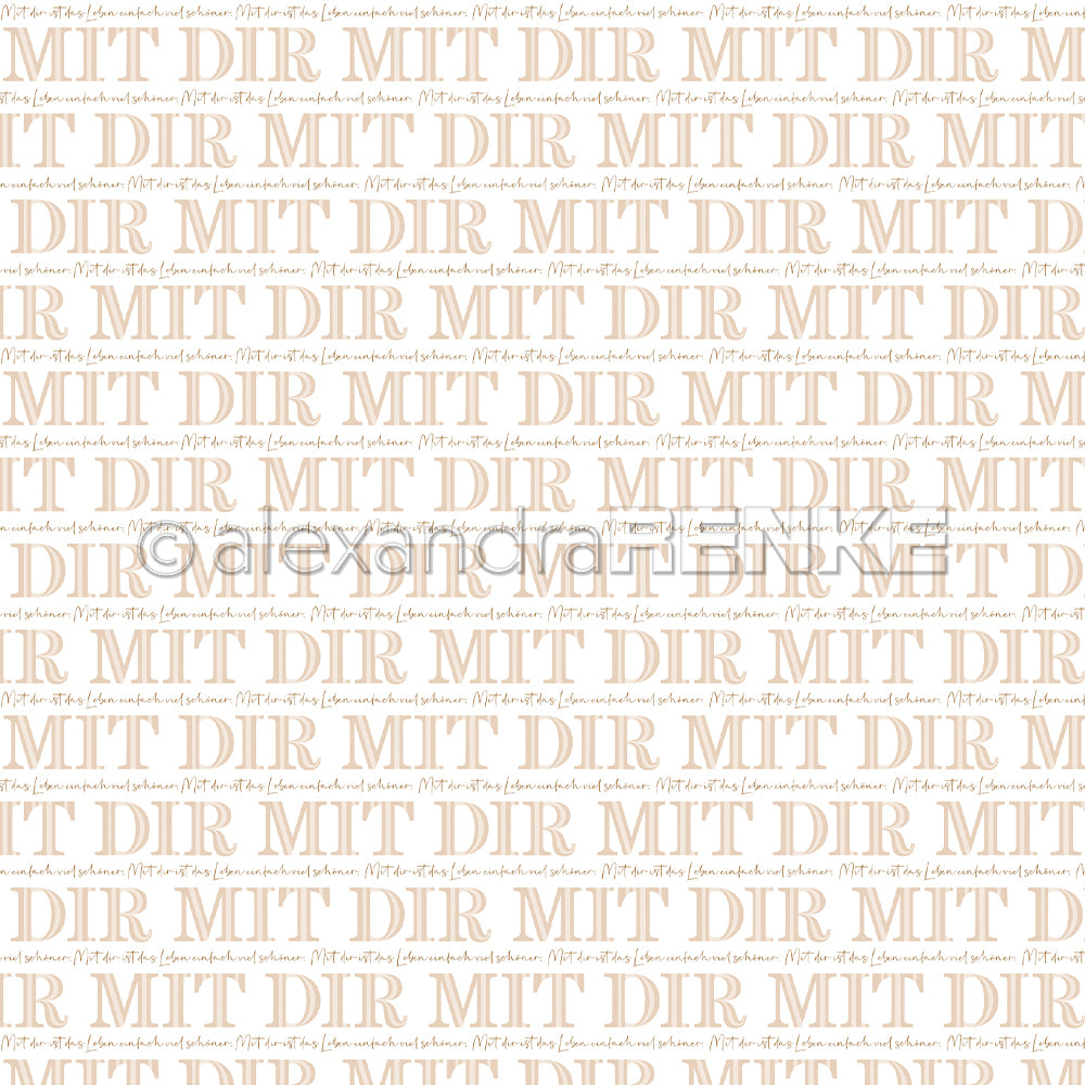 Hellbraune und graue Serifentypo gestreifte Schriften wiederholen "MIT DIR" und "Mit dir kann ich fliegen" auf weißem Alexandra Renke Designpapier-ideal für kreative Papierprojekte.