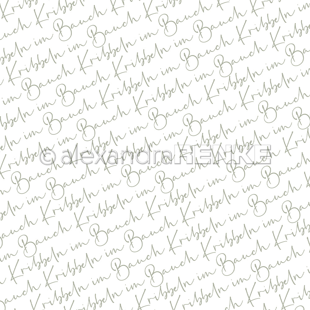 Handschriftlicher Schriftzug Küßchen im Bach diagonal auf weißem Alexandra Renke Designpapier, ideal für Buchbinderei oder einzigartige Papierprojekte.