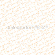 Alexandra Renke Designpapier zeigt den orangefarbenen handgeschriebenen Text "Glück geküsst" in einem sich wiederholenden diagonalen Muster auf Weiß - ideal für Papierprojekte und Buchbinderei.