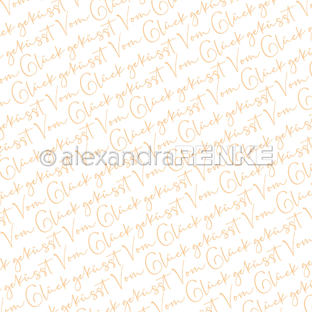 Alexandra Renke Designpapier zeigt den orangefarbenen handgeschriebenen Text "Glück geküsst" in einem sich wiederholenden diagonalen Muster auf Weiß - ideal für Papierprojekte und Buchbinderei.