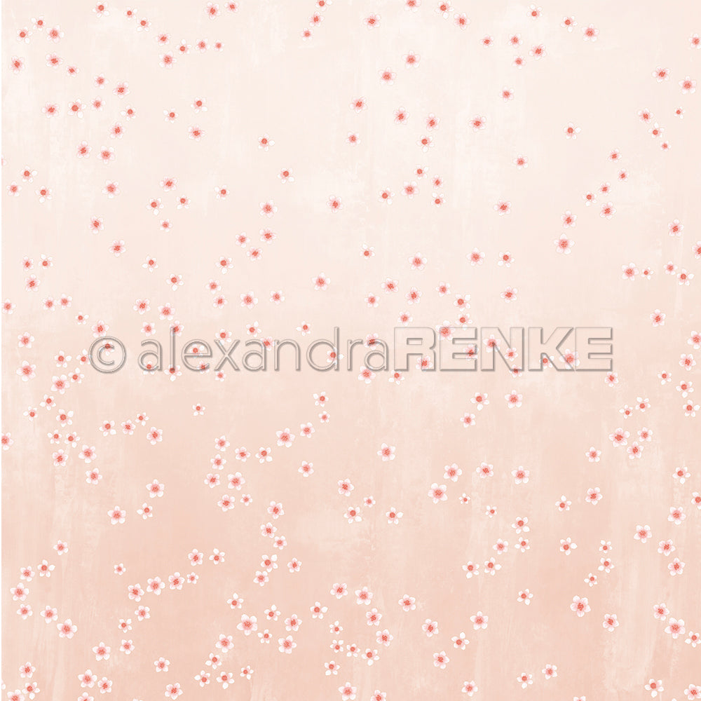 Hellrosa Alexandra Renke Designpapier mit kleinen weißen und rosafarbenen Kirschblüten, die über das Papier verstreut sind - perfekt für Ihre Papierprojekte.