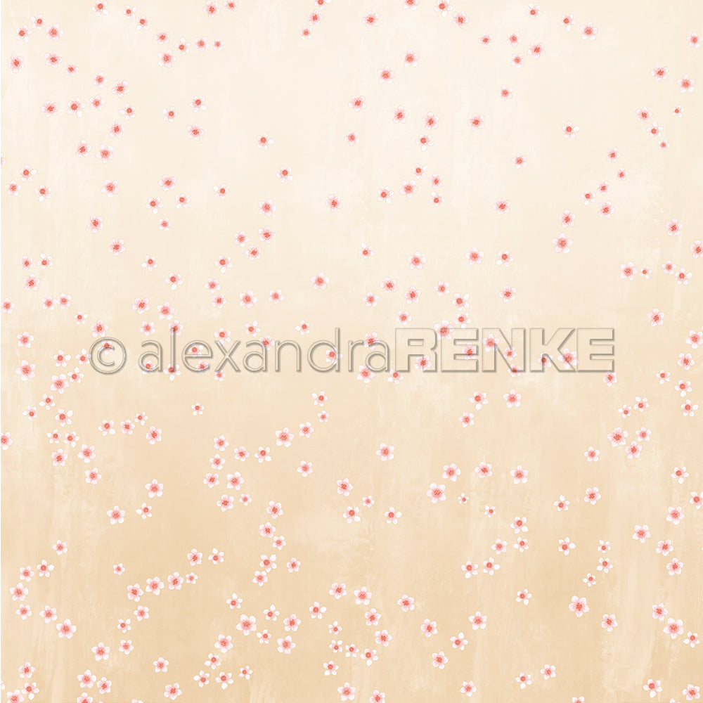 Beigefarbener Hintergrund mit kleinen rosa und weißen Kirschblüten, unten dichter und oben spärlicher - perfektes Alexandra Renke Designpapier für Ihre Papierprojekte.