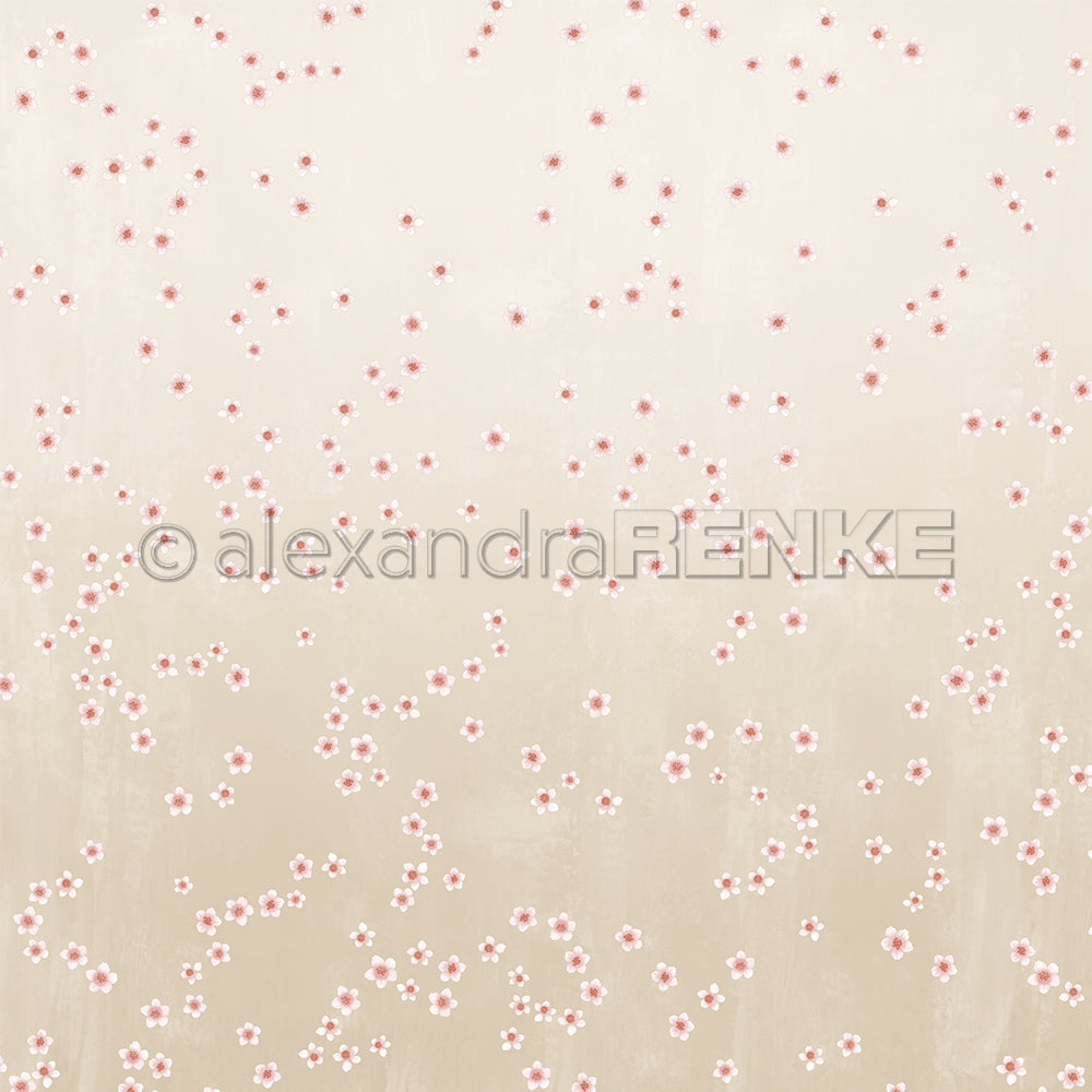 Beigefarbener Hintergrund mit eingestreuten kleinen rosa und weißen Kirschblüten, dezente Textur - perfekt für Papierprojekte oder als charmantes Designpapier von Alexandra Renke.