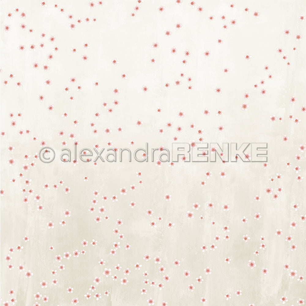 Off-white Hintergrund mit verstreuten kleinen rosa Kirschblüten, unten dichter und oben spärlicher - ideales Alexandra Renke Designpapier für Papierprojekte, die einen zarten floralen Touch brauchen.