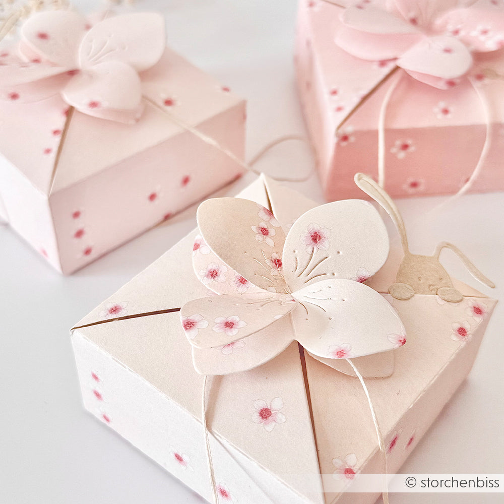 Drei pastellfarbene Geschenkschachteln mit floralen Motiven von Alexandra Renke, die jeweils mit einer zarten rosa Kirschblüten-Papierblüte verziert sind.