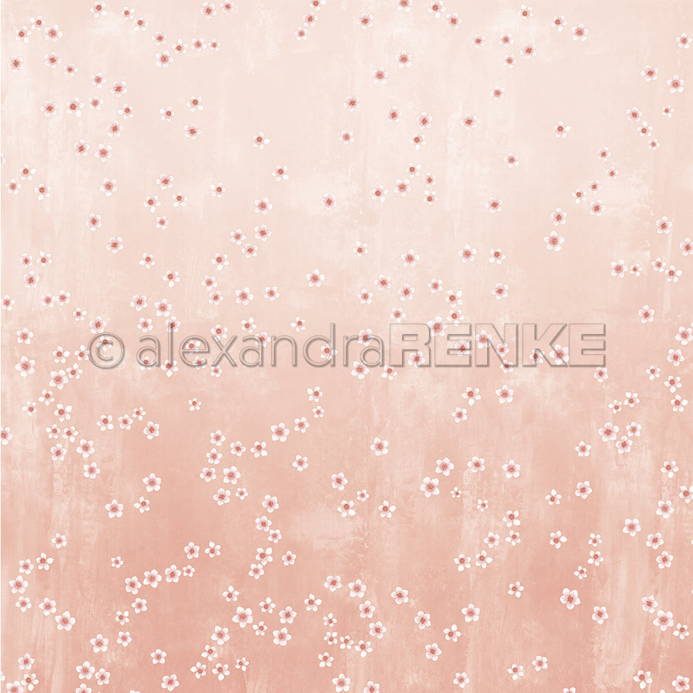Hellrosa Hintergrund mit kleinen weißen und rosa Kirschblüten verstreut - perfektes Alexandra Renke Designpapier für Ihre nächsten Papierprojekte.