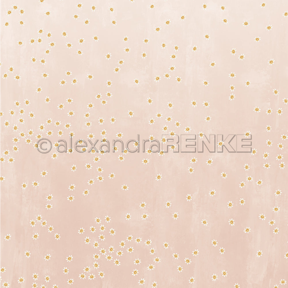 Zartrosa Hintergrund mit verstreuten kleinen weißen und gelben Gänseblümchen - dieses Designpapier von Alexandra Renke eignet sich perfekt für Papierprojekte, die Lieblingsblüten auf Altrosa zeigen.