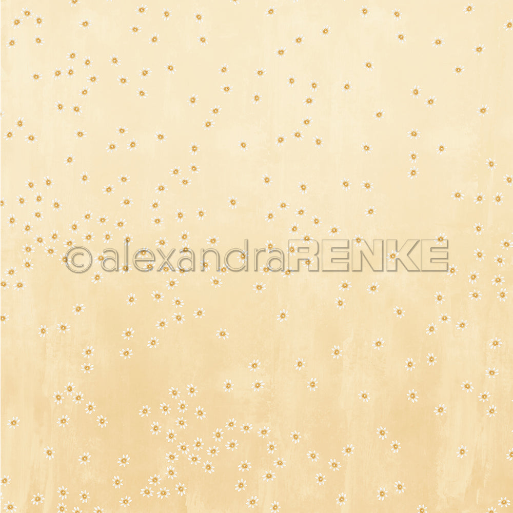 Ein beiger Hintergrund mit verstreuten kleinen weißen Gänseblümchen-Lieblingsblüten und dem Aufdruck "Alexandra Renke" in der Mitte sorgt für einen charmanten Designerpapier-Effekt.