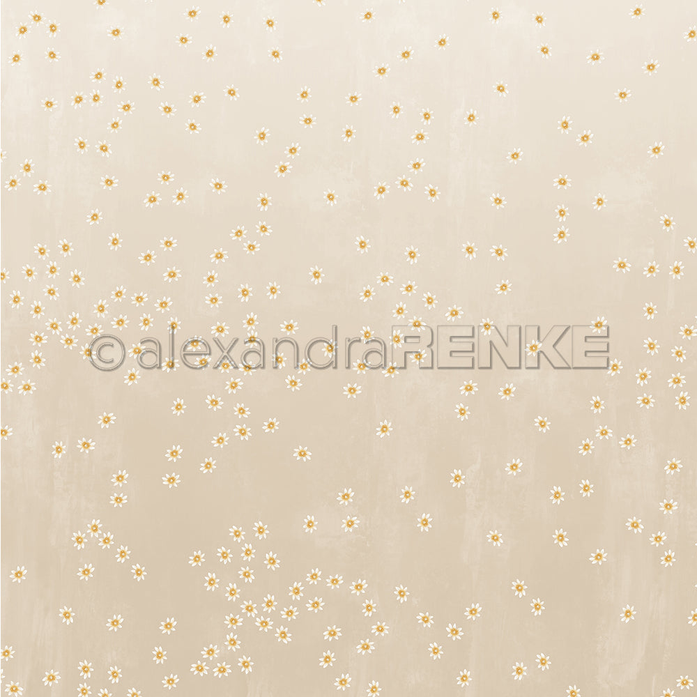 Beigefarbener Hintergrund mit verstreuten kleinen weißen und gelben Gänseblümchen von Alexandra Renke, ideal als Designpapier für einzigartige Grußkarten oder kreative Papierprojekte.