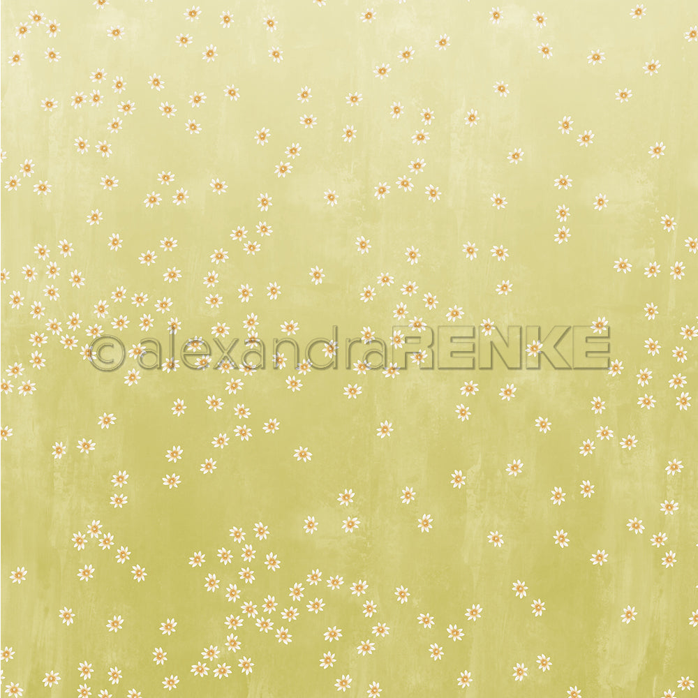 Zartgrüner Hintergrund mit verstreuten kleinen weißen Gänseblümchen und dezent strukturierten Schattierungen - perfektes Designpapier von Alexandra Renke für Buchbinderei oder kreative Papierprojekte.