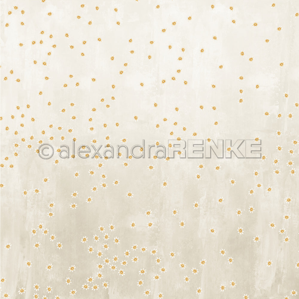 Dieses Designpapier von Alexandra Renke zeigt einen beigen Hintergrund mit verstreuten kleinen weißen und gelben Gänseblümchen - ideal für Papierprojekte oder um Ihre Lieblingsblumen auf grauem Untergrund zu präsentieren.