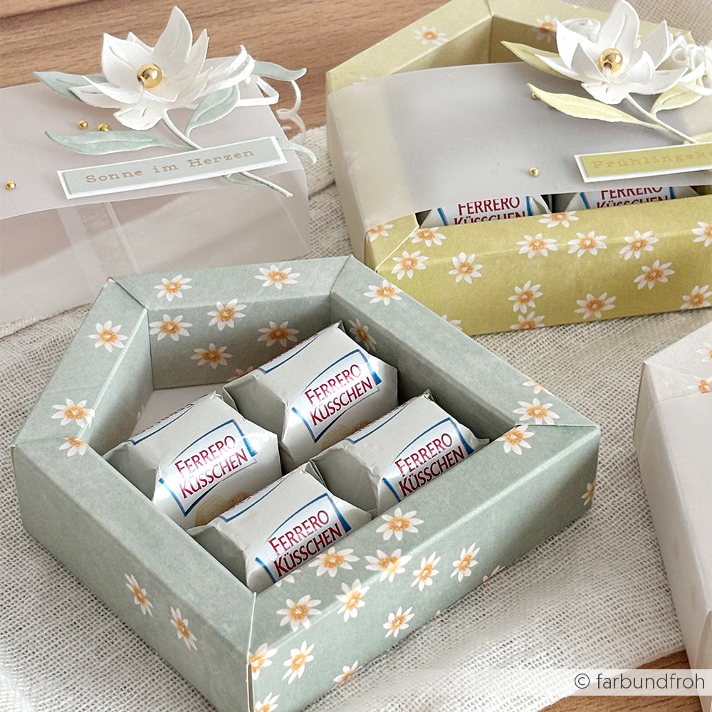Pralinen in einer Gänseblümchen-Schachtel von Alexandra Renke, verziert mit weißen Papierblumen - ideal für Papierprojekte oder als Geschenk für Ihre Lieblingsblüten.