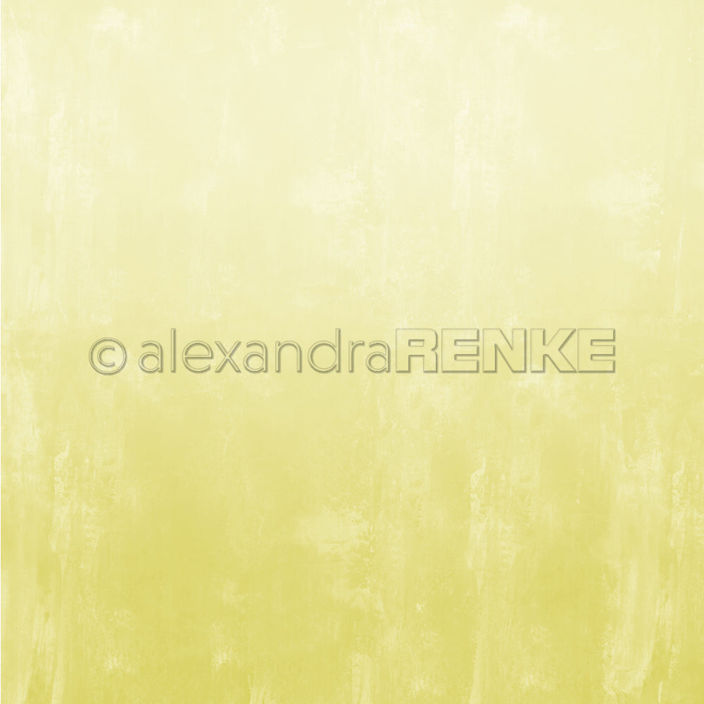 Hellgelbes, strukturiertes Designpapier mit einem dezenten Farbverlauf und einem Wasserzeichen von Alexandra Renke. Ideal für Papierbasteleien oder Buchbindearbeiten.