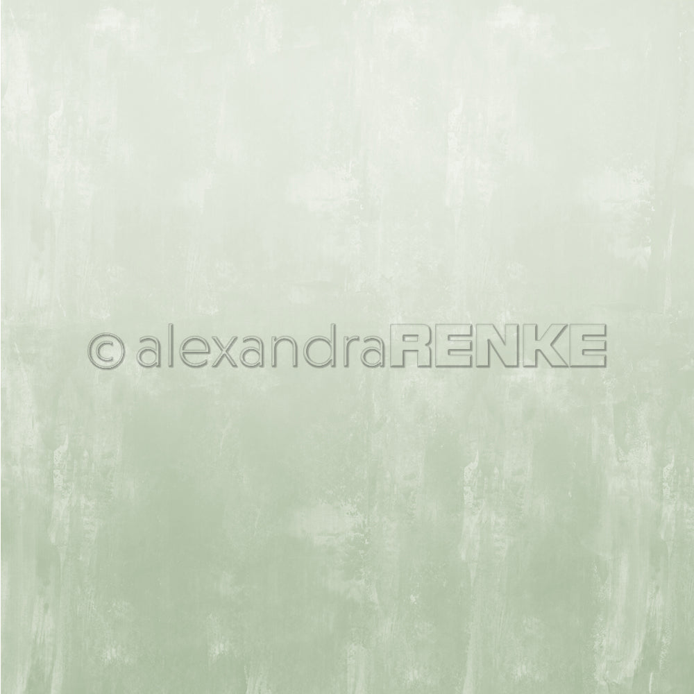 Hellgrüner, strukturierter Hintergrund mit dezenten Pinselstrichen und einem Wasserzeichen von Alexandra Renke in der Mitte - ideal für Papierbasteleien oder Buchbinderei. Teil der Kollektion Designpapier Calm Sagegrün.