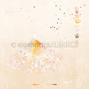 Zarte Illustration einer Frau in einem Blumenkleid, inspiriert von Alexandra Renkes Melange-Figur, umgeben von Kaffeetassen, Bohnen und Brühgeräten - ein charmantes Motiv, ideal für Papierprojekte oder Designpapier.