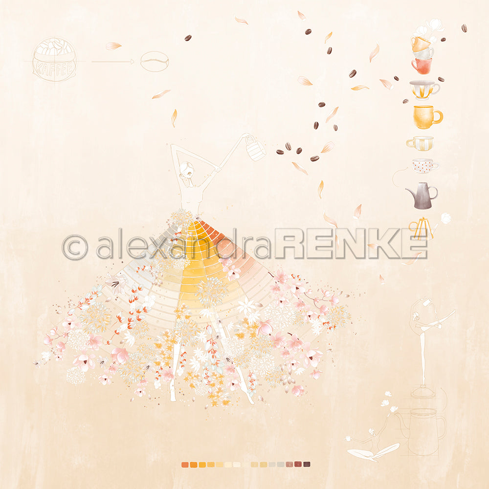Zarte Illustration einer Frau in einem Blumenkleid, inspiriert von Alexandra Renkes Melange-Figur, umgeben von Kaffeetassen, Bohnen und Brühgeräten - ein charmantes Motiv, ideal für Papierprojekte oder Designpapier.
