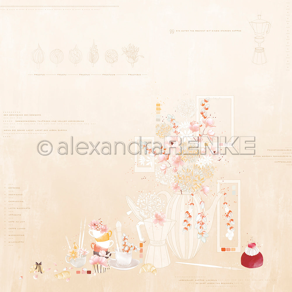 Pastellfarbene Blumenarrangements, Teetassen und Küchenutensilien von Alexandra Renke auf hellbeigem Hintergrund - ideal für Papierprojekte oder Ihre eigene Florale Kaffeekomposition mit schönem Designpapier.