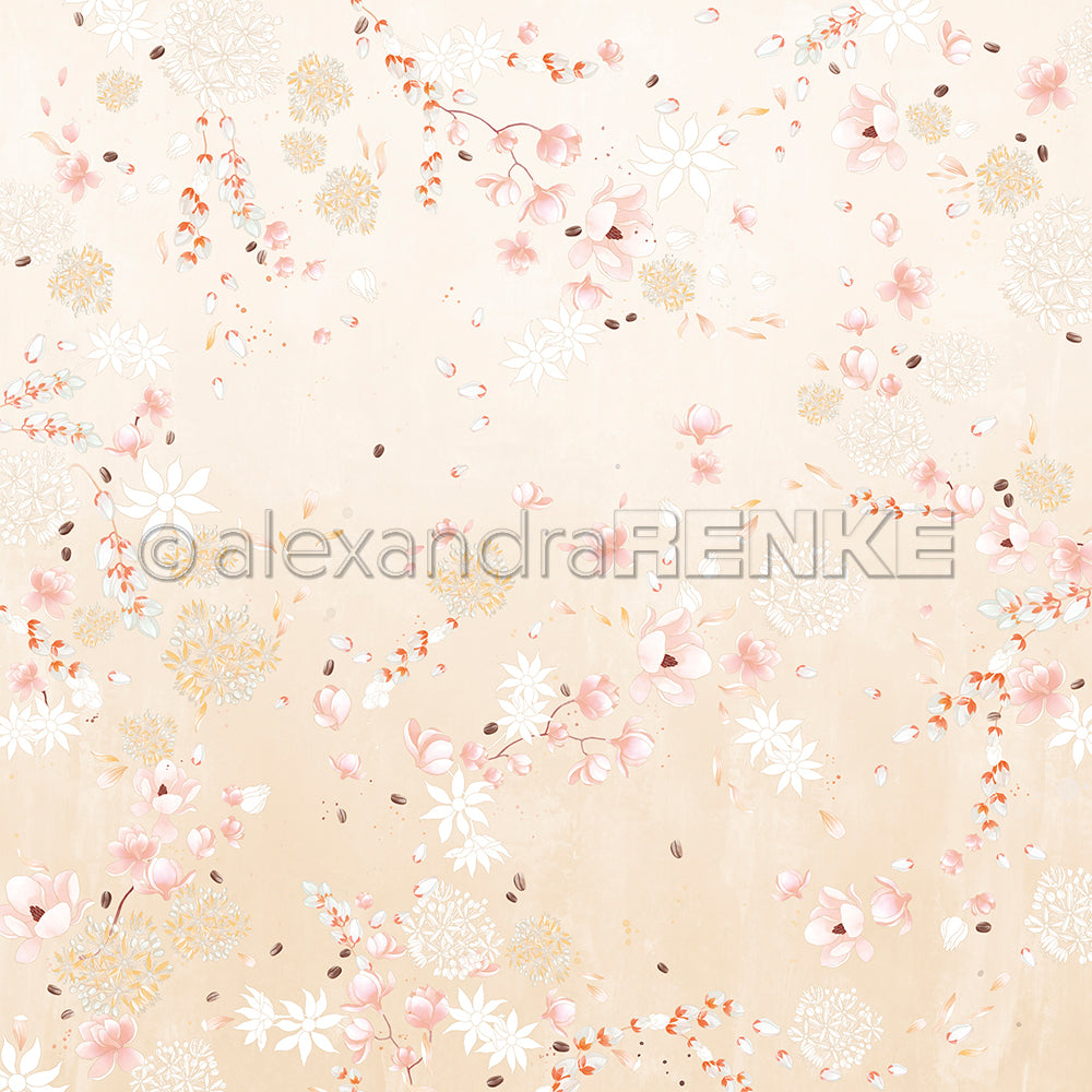 Zarte rosafarbene und weiße Blüten mit goldenen Akzenten bilden eine florale Komposition, die wunderschön auf zartbeigem Designpapier von Alexandra Renke verstreut ist.