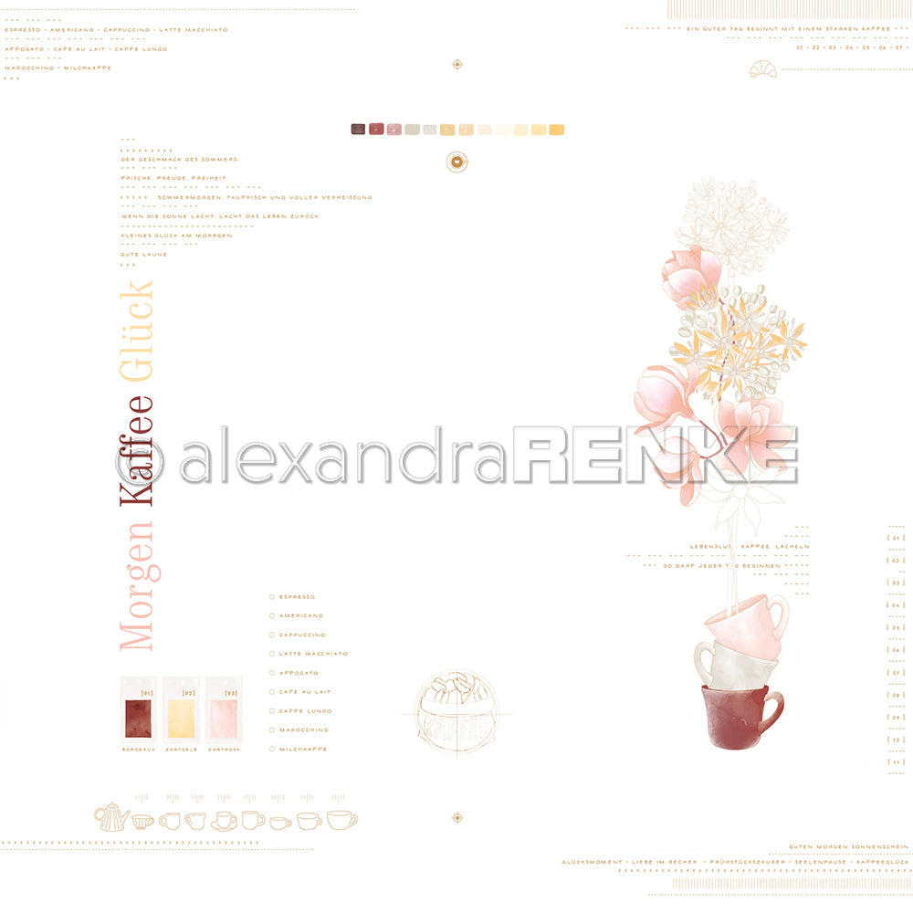 Das minimalistische Design von Alexandra Renke zeigt gestapelte Kaffeetassen und zarte Blumen mit deutschem Text auf weißem Hintergrund - ideal für Grußkarten oder als Inspiration für Ihre nächsten Papierprojekte.