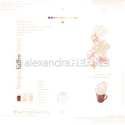 Das minimalistische Design von Alexandra Renke zeigt gestapelte Kaffeetassen und zarte Blumen mit deutschem Text auf weißem Hintergrund - ideal für Grußkarten oder als Inspiration für Ihre nächsten Papierprojekte.