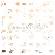Verschiedene pastellfarbene und neutrale Kaffeetassen, Becher und Blätter auf weißem Untergrund - dieses Designpapier von Alexandra Renke ist perfekt für Papierprojekte oder als Inspiration für Ihren nächsten floralen Tassenrapport.