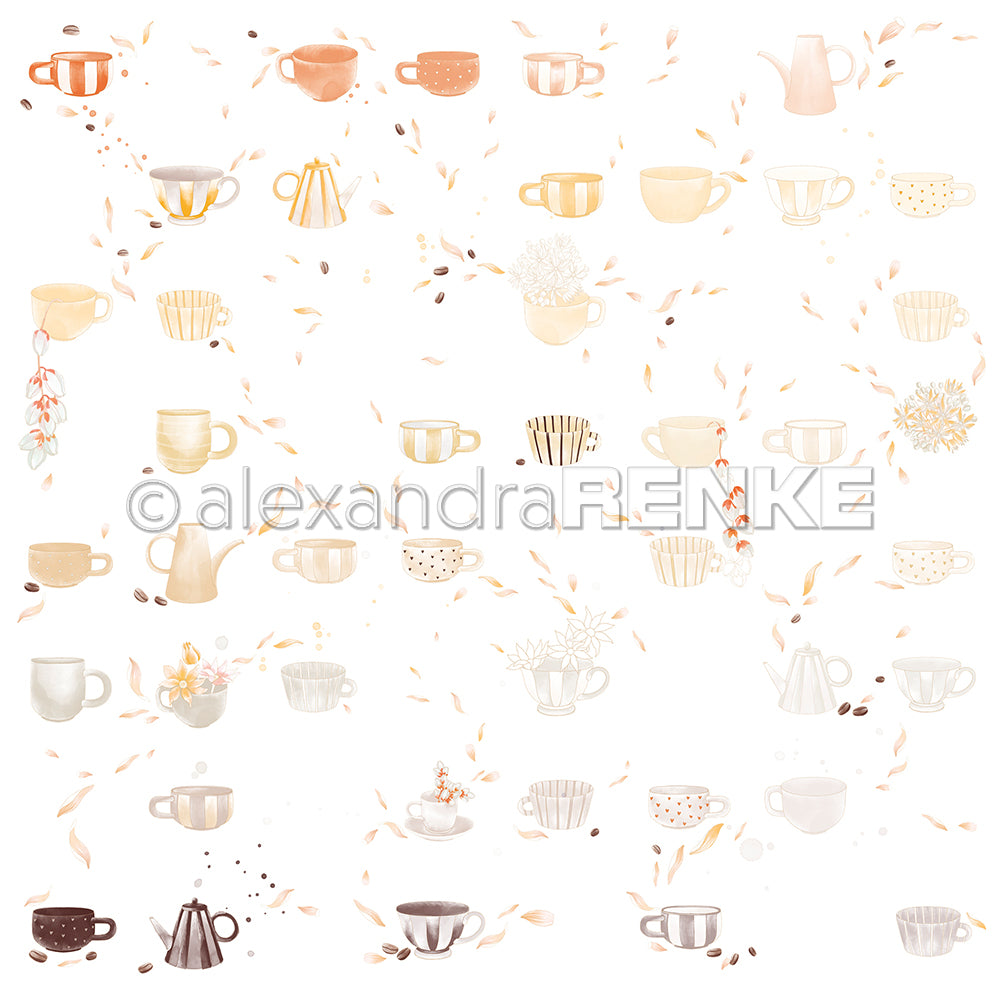 Verschiedene pastellfarbene und neutrale Kaffeetassen, Becher und Blätter auf weißem Untergrund - dieses Designpapier von Alexandra Renke ist perfekt für Papierprojekte oder als Inspiration für Ihren nächsten floralen Tassenrapport.