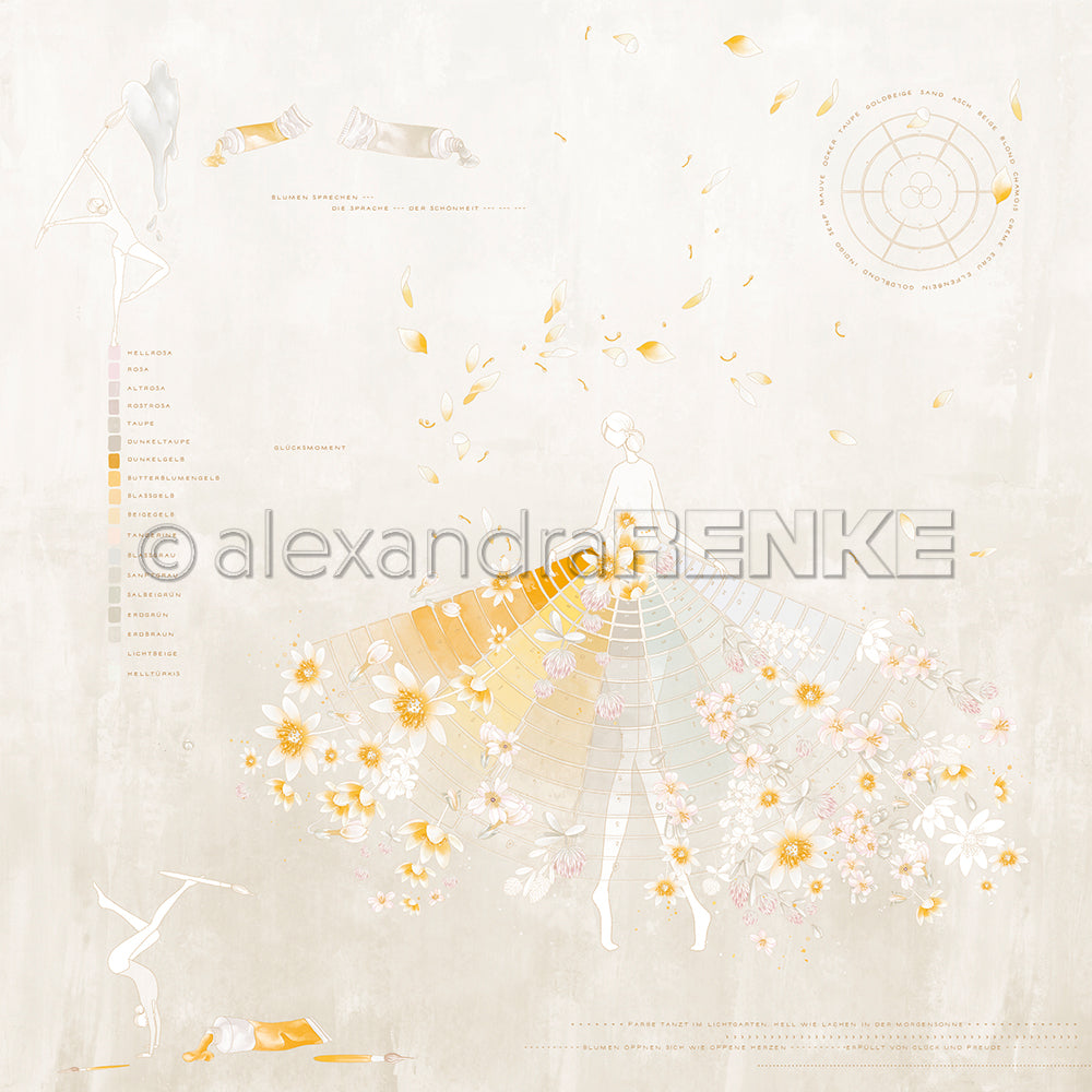 Zarte Skizze einer Figur in einem floralen, fließenden Kleid mit pastellfarbenen und goldenen Details auf hellem Hintergrund, inspiriert von Alexandra Renkes Florale Farb Figurine Greige aus exklusiven Designpapier-Kollektionen.