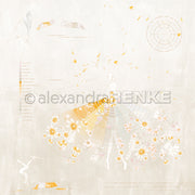 Zarte Skizze einer Figur in einem floralen, fließenden Kleid mit pastellfarbenen und goldenen Details auf hellem Hintergrund, inspiriert von Alexandra Renkes Florale Farb Figurine Greige aus exklusiven Designpapier-Kollektionen.