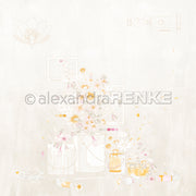 Zarte florale Illustration mit Farbdosen, Pinseln und Gänseblümchen auf einem hellen, strukturierten Hintergrund - perfekt für Papierprojekte oder als Designpapier in Ihrer Floralen Farbkomposition Greige von Alexandra Renke.
