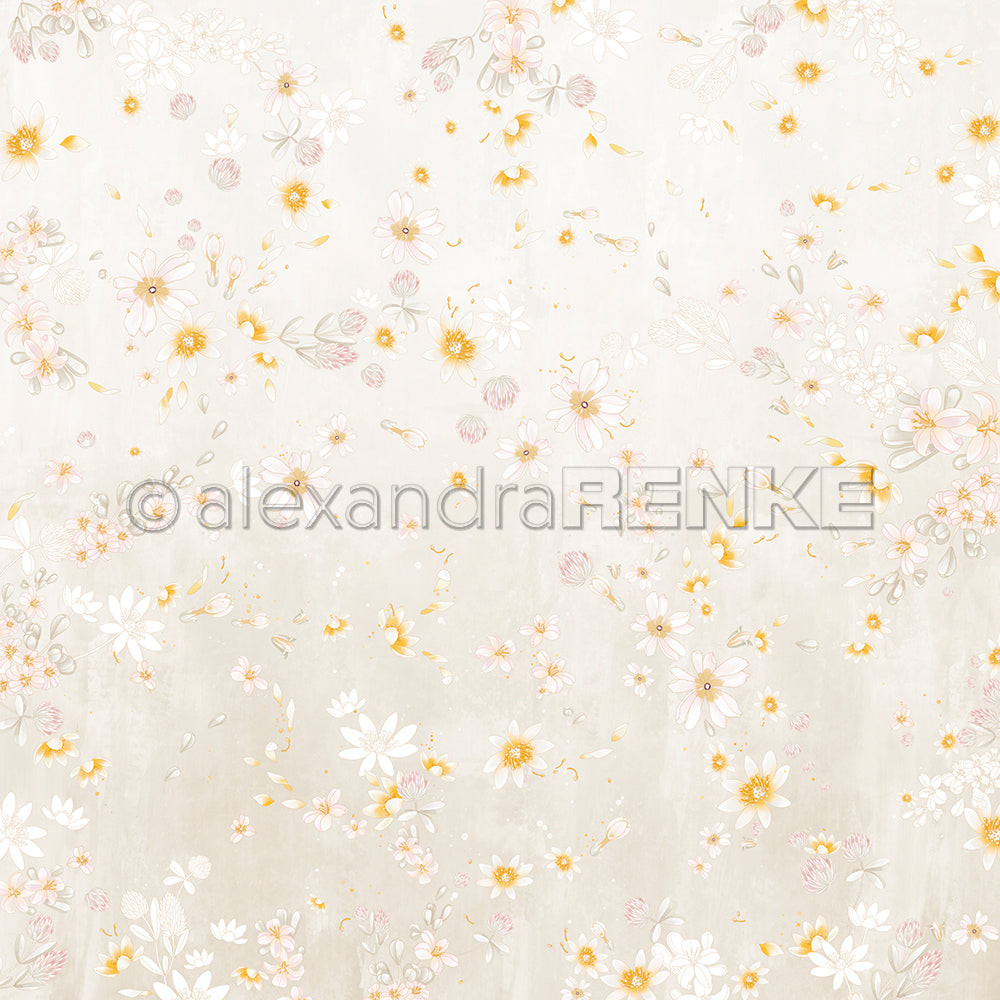 Zartes pastellfarbenes Blumenmuster von Alexandra Renke mit Gänseblümchen und kleinen gelben Blüten auf einem hellen, strukturierten Designpapier-Hintergrund - ideal für Papierprojekte.