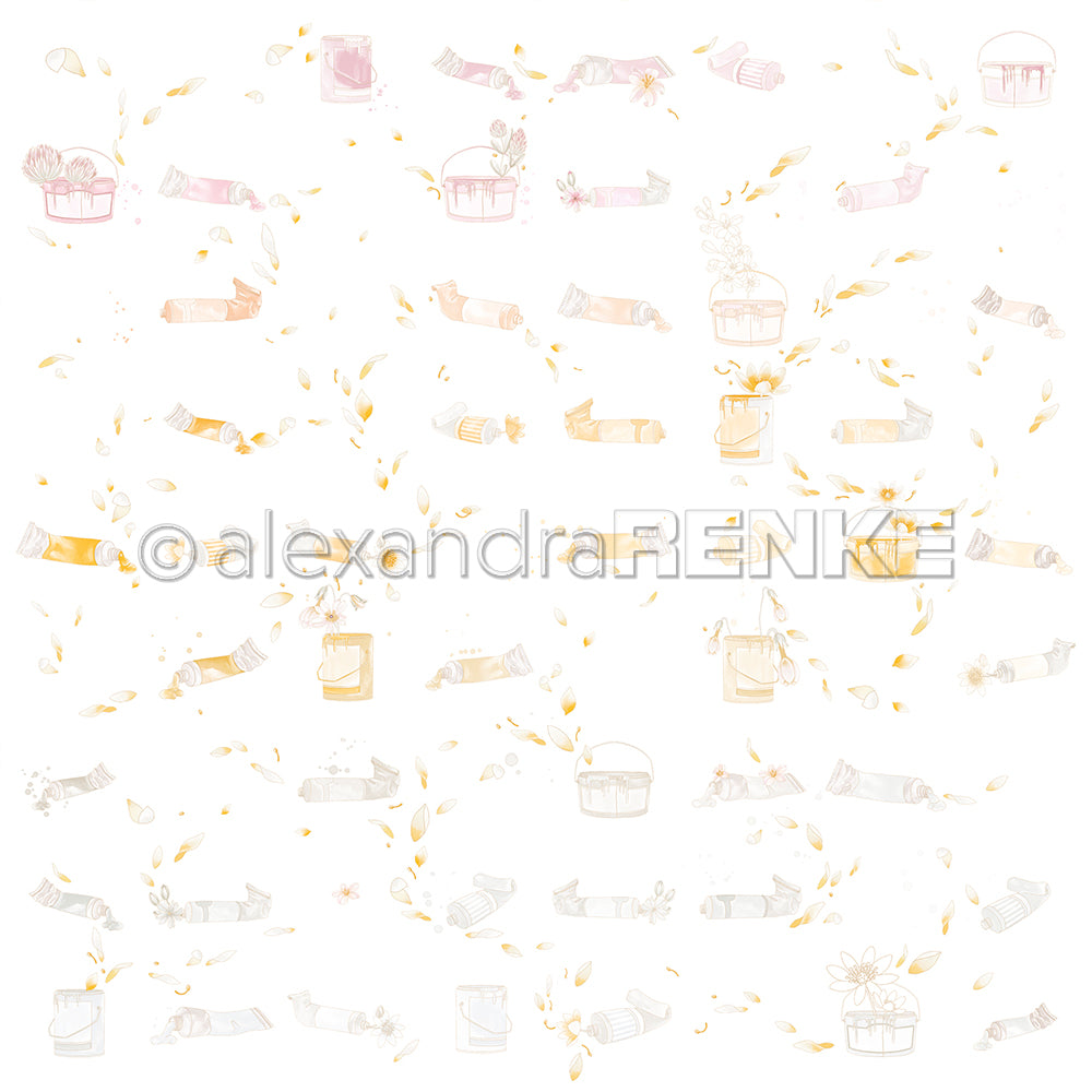 Aquarellmuster aus Farbtuben, Gläsern, Blumen und Blättern auf Weiß - perfektes Alexandra Renke Designpapier für Papierprojekte oder Buchbinderei.